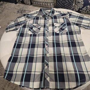 BKE Navy and Light Blue Plaid Button-Down Shirt Athletic Fit L